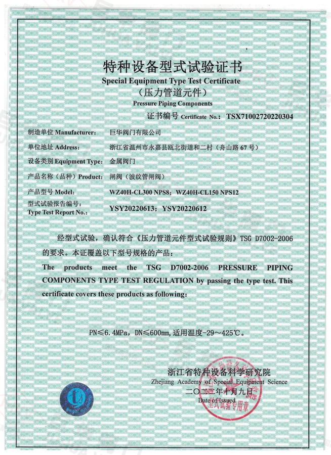 特种设备型式试验证书